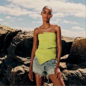 Zara Strapless Ruched Bandeau Top - Lime Green Chartreuse Mustard Asymmetrical